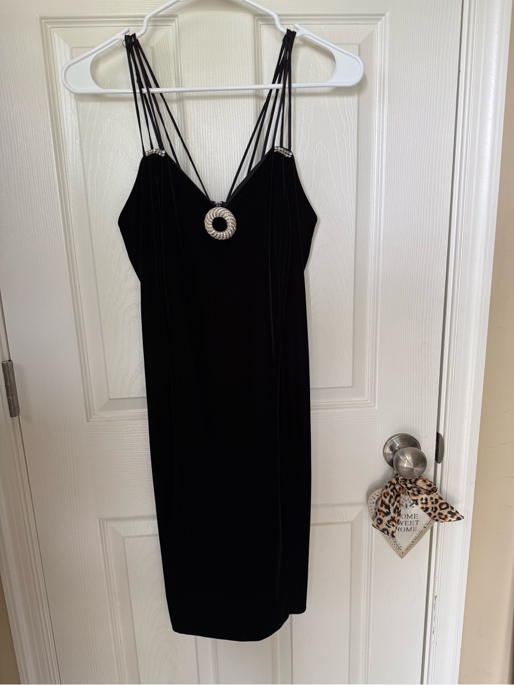 Black Strappy Velvet Dress with Diamond Brooch pin and other bling sz M Stretchy